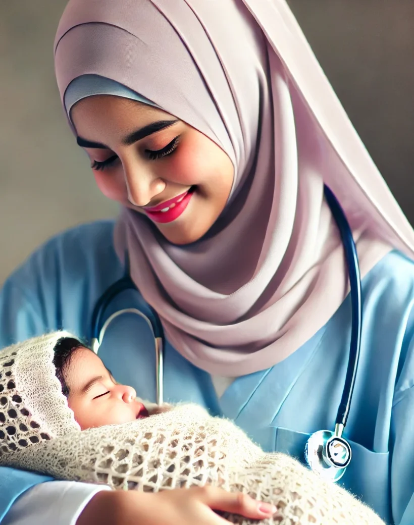 DALL·E 2024-12-20 13.11.10 - A compassionate female doctor wearing a light blue hijab and medical scrubs, gently holding a sleeping baby wrapped in a cozy blanket. The doctor has