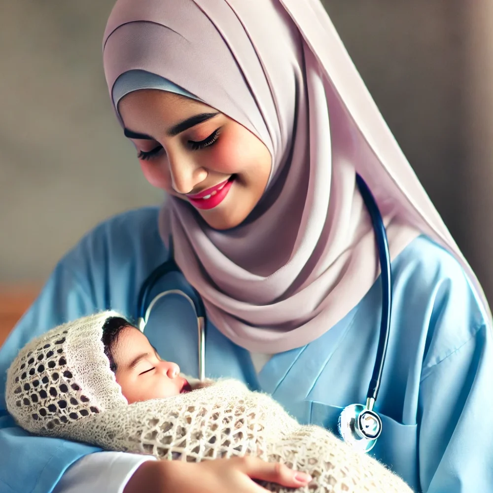 DALL·E 2024-12-20 13.11.10 - A compassionate female doctor wearing a light blue hijab and medical scrubs, gently holding a sleeping baby wrapped in a cozy blanket. The doctor has