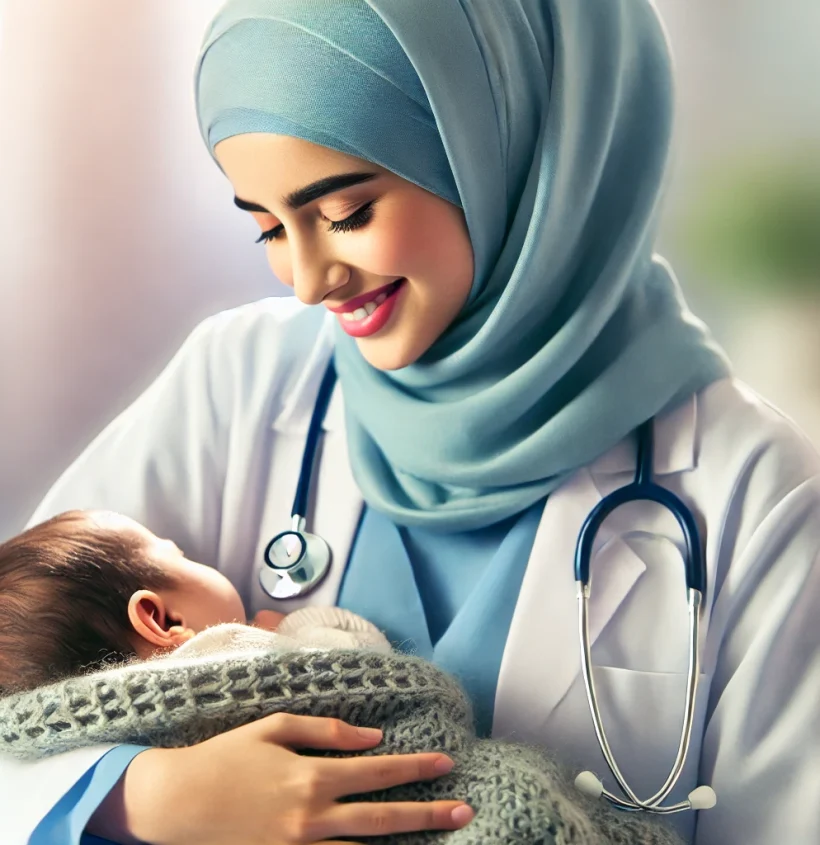 DALL·E 2024-12-20 13.51.53 - A compassionate female doctor wearing a light blue hijab and medical scrubs, gently holding a sleeping baby wrapped in a cozy blanket. The doctor has