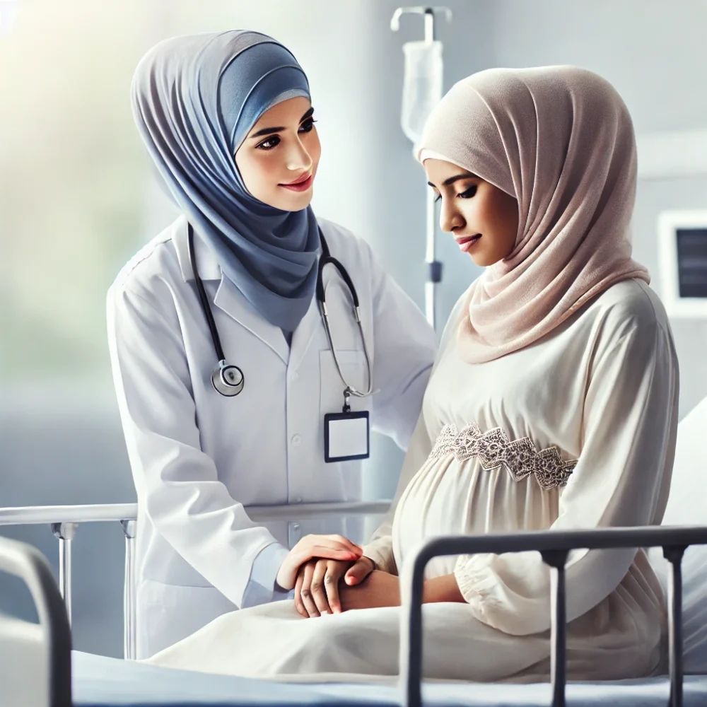 DALL·E 2024-12-20 14.03.06 - A realistic depiction of an Arabic nurse in a modern healthcare setting, wearing a traditional white medical uniform with a light blue hijab, assistin