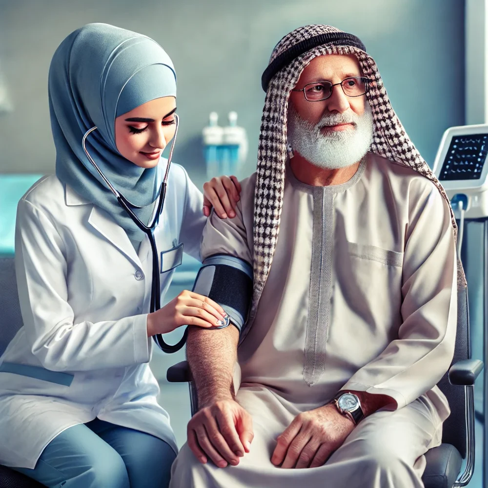 DALL·E 2024-12-20 14.04.32 - A realistic depiction of an Arabic nurse in a modern healthcare setting, wearing a traditional white medical uniform with a light blue hijab, assistin