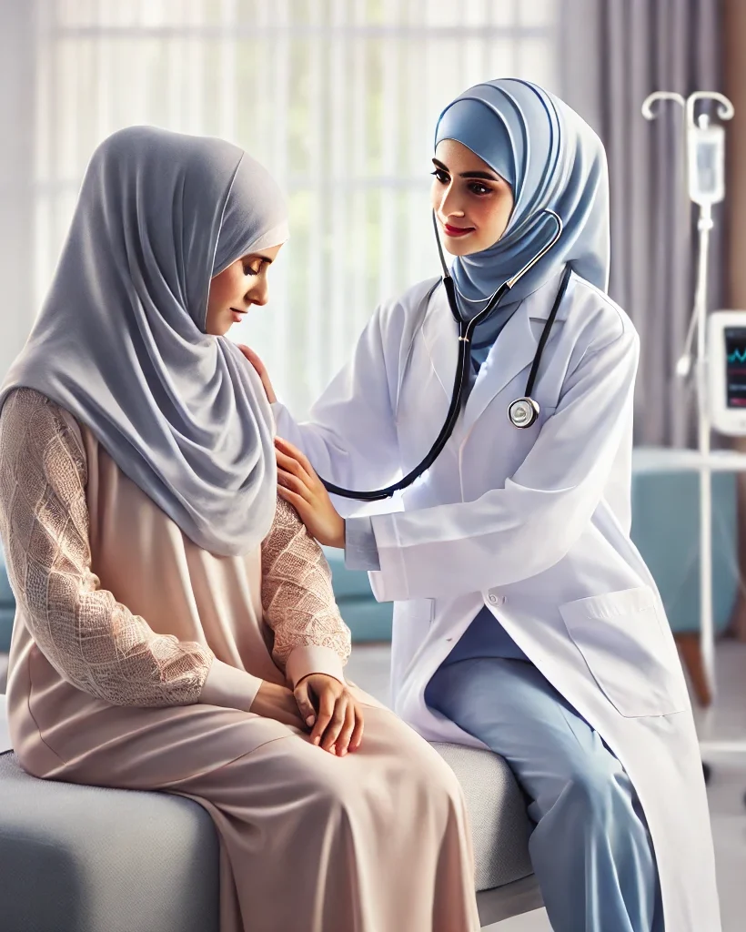 DALL·E 2024-12-20 14.26.20 - A realistic depiction of an Arabic nurse in a modern healthcare setting, wearing a traditional white medical uniform with a light blue hijab, assistin